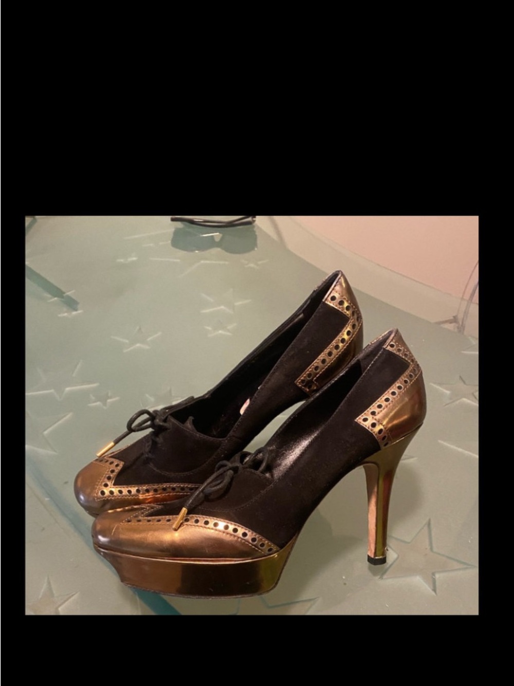 Gucci Brown suede and Metallic leather Gold Lace-Up Wedge Heels 450$ - Picture 2 of 5